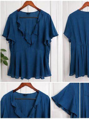 Torrid Womens Size 2 Blue Ruffle Front Flutter Sleeve Peplum Blouse Top Plus.